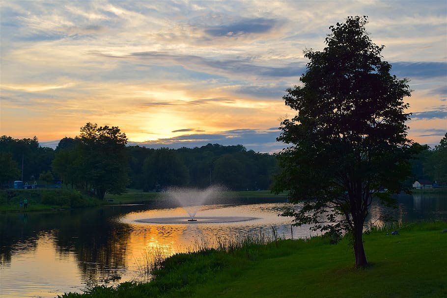 Calm Body of Water Under Blue Sky, clouds, dawn, fountain, grass HD wallpaper