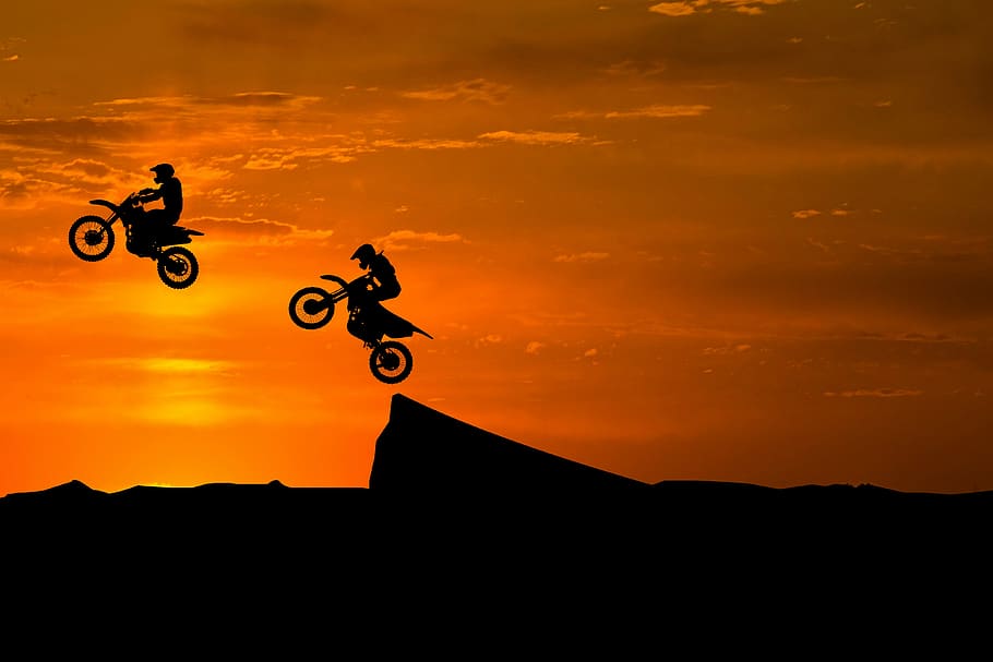 sunset, silhouette, bike, sky, adventure, dirtbike, dirt bike, HD wallpaper