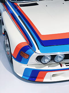 parked white, red, and blue vehicle, car, stripe, race, lights HD wallpaper