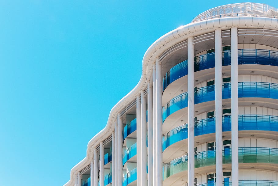 sky, building, architecture, columns, hotel, summer, windows HD wallpaper