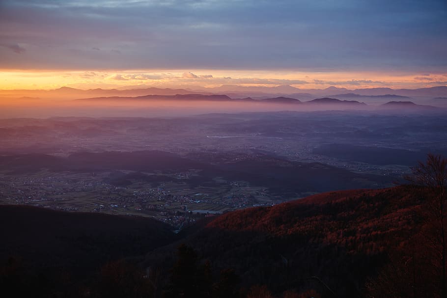 winter, trees, mountain, hills, city, landscape, sunset, cloudy HD wallpaper