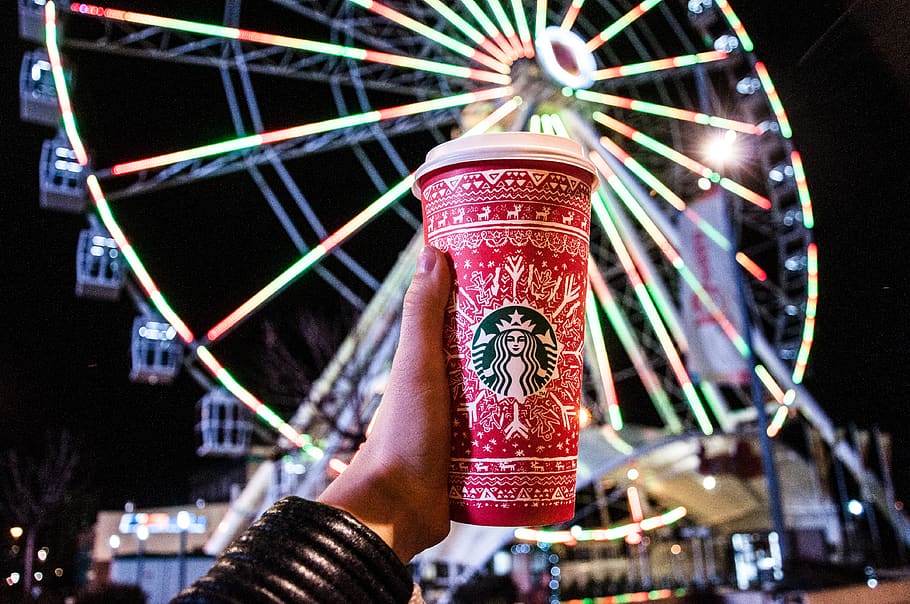 Red and White Starbucks Disposable Cup, blur, carnival, dark HD wallpaper