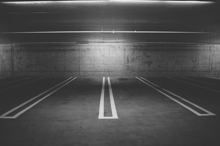Grayscale Photography of Empty Parking Lot, underground garage
