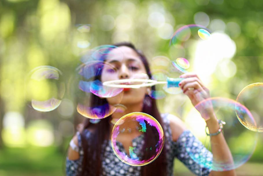 Woman Blowing Bubbles, person, bubble wand, soap sud, one person, HD wallpaper