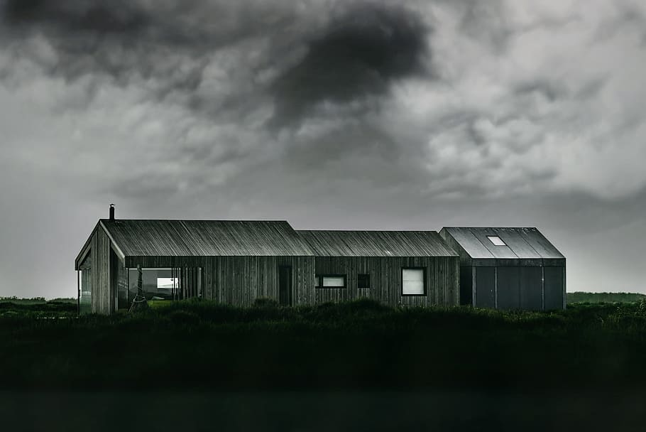 dramatic, sky, house, black and white, clouds, home, modern HD wallpaper