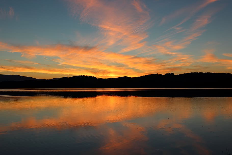 Lake Near the Mountains Under the Blue Sky, clouds, dawn, nature HD wallpaper
