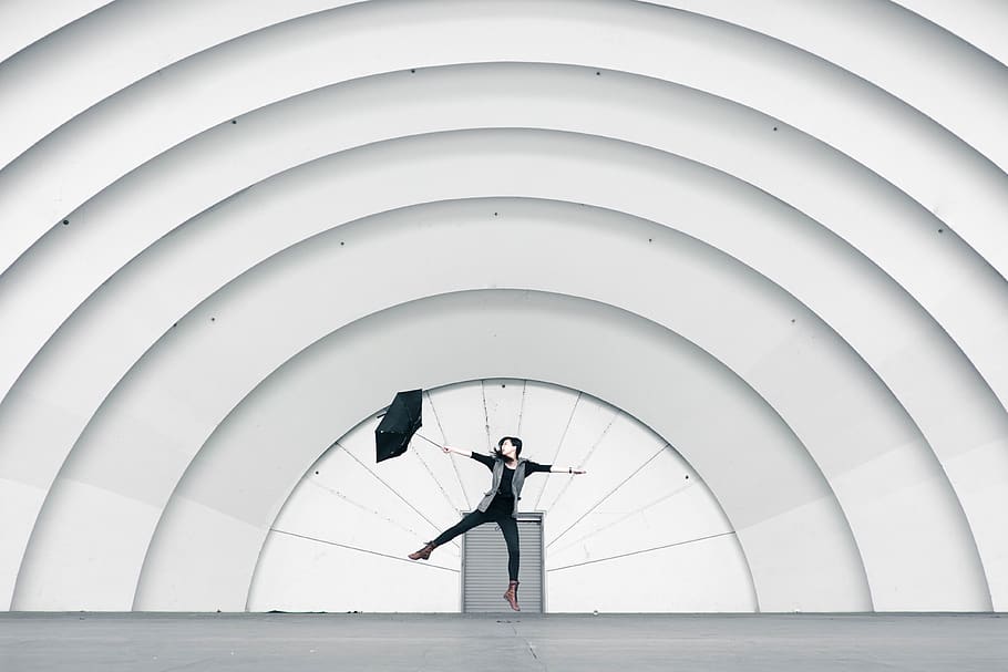 Girl Jumping While Holding Umbrella, architecture, art, building HD wallpaper