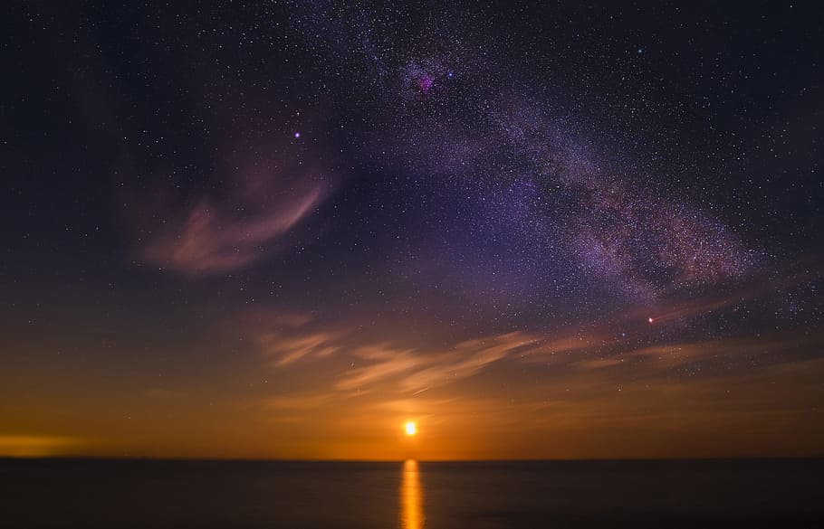 sunset in ocean, moon, sky, sunrise, star, purple, orange, reflection HD wallpaper