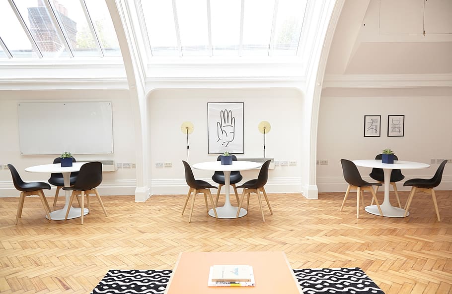 interior, design, tables, chairs, white, wall, board, ceiling HD wallpaper
