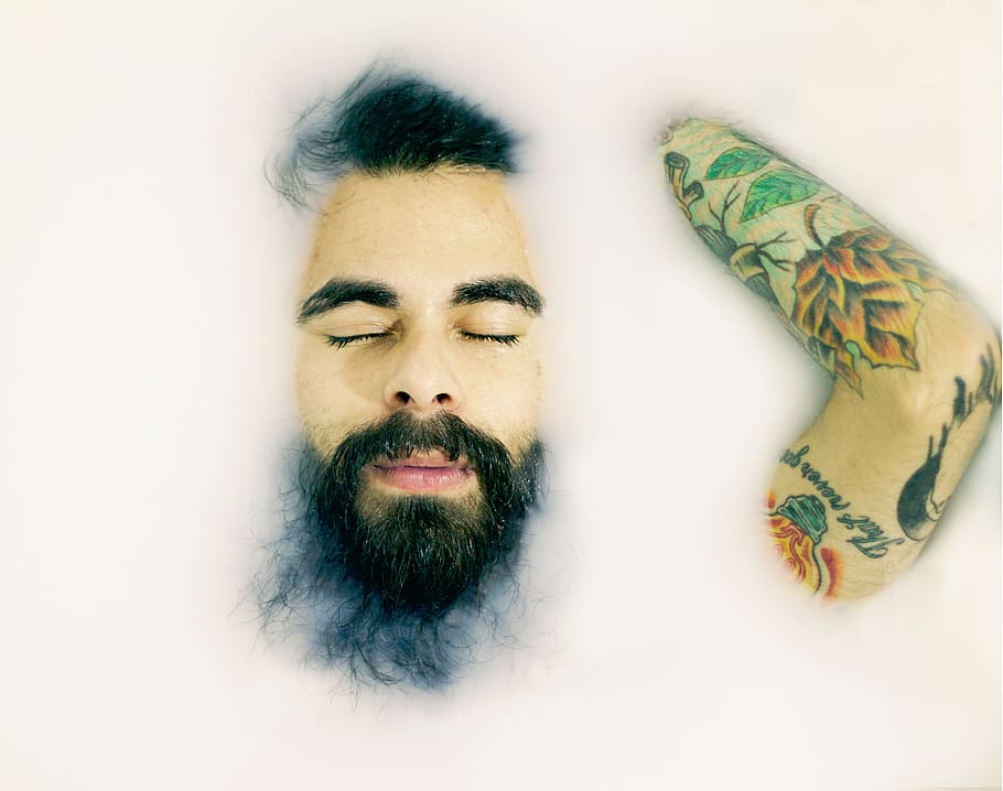 people, man, guy, beard, water, white, bath, tattoos, facial hair HD wallpaper