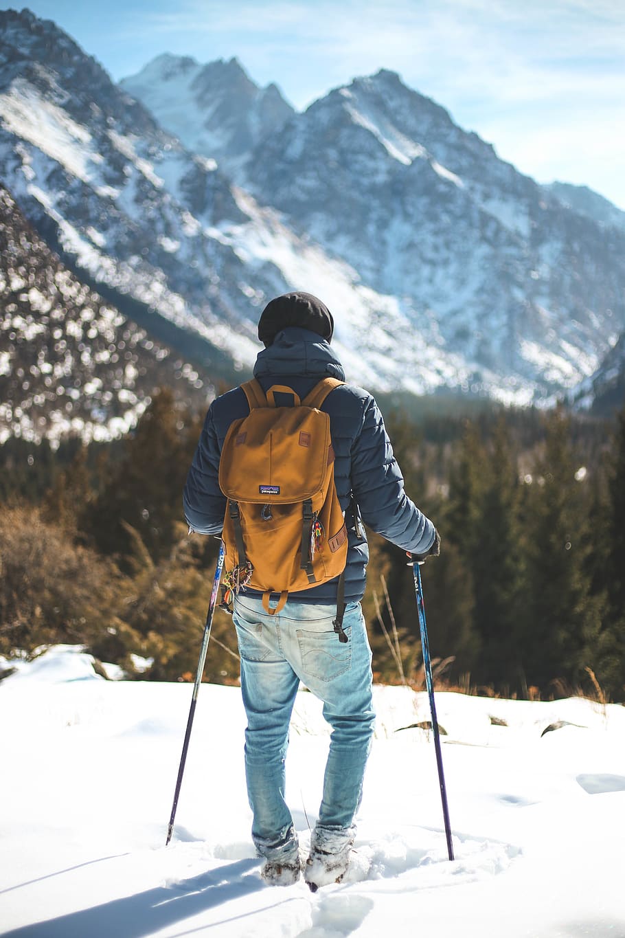 Man Carrying Orange Backpack, climber, cold, daylight, hiker HD wallpaper