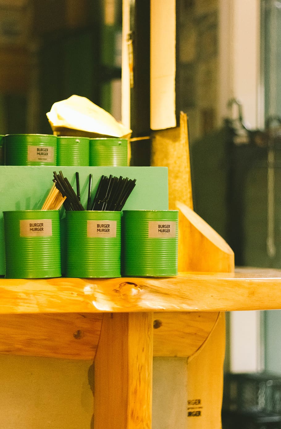 Six Green Tin Can Containers on Table, background, blurred background HD wallpaper