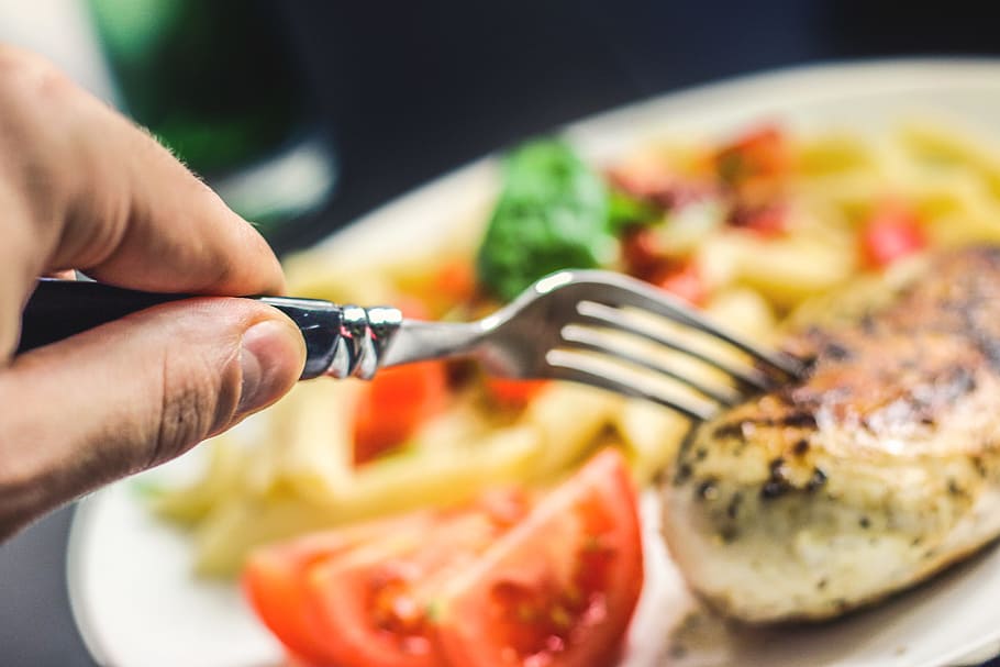 fork, chicken, tomatoes, pasta, food, lunch, dinner, hands HD wallpaper