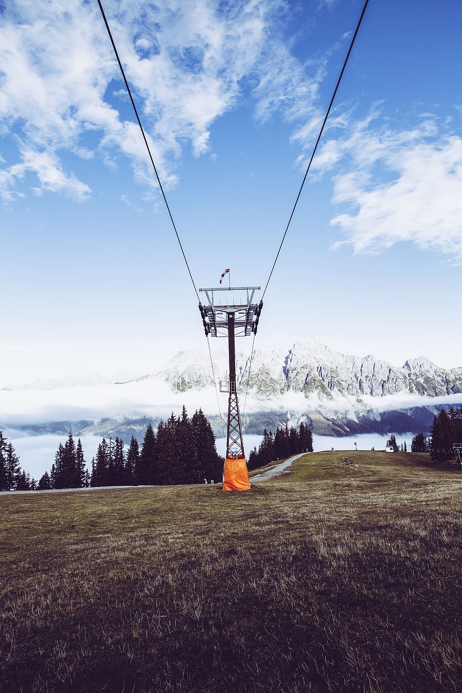 cable car tower, sky, cloud - sky, nature, field, land, no people HD wallpaper