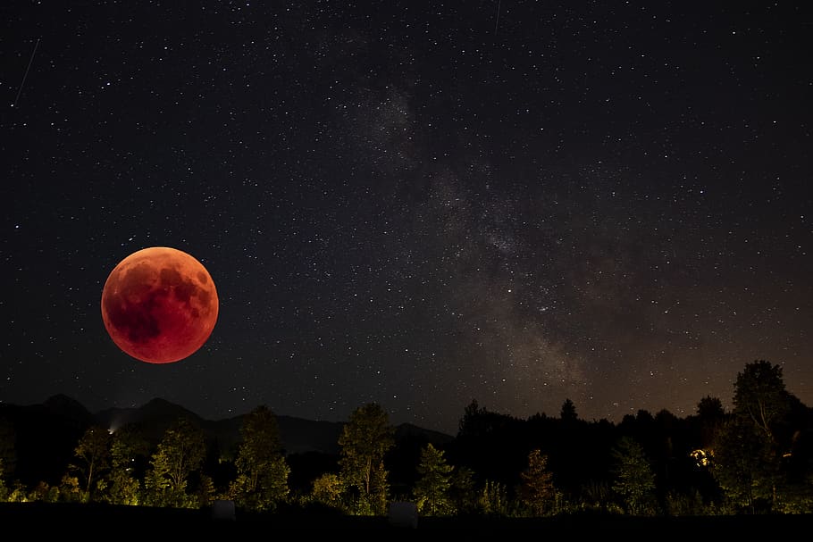 blood moon, lunar eclipse, night, moonlight, sky, mystical