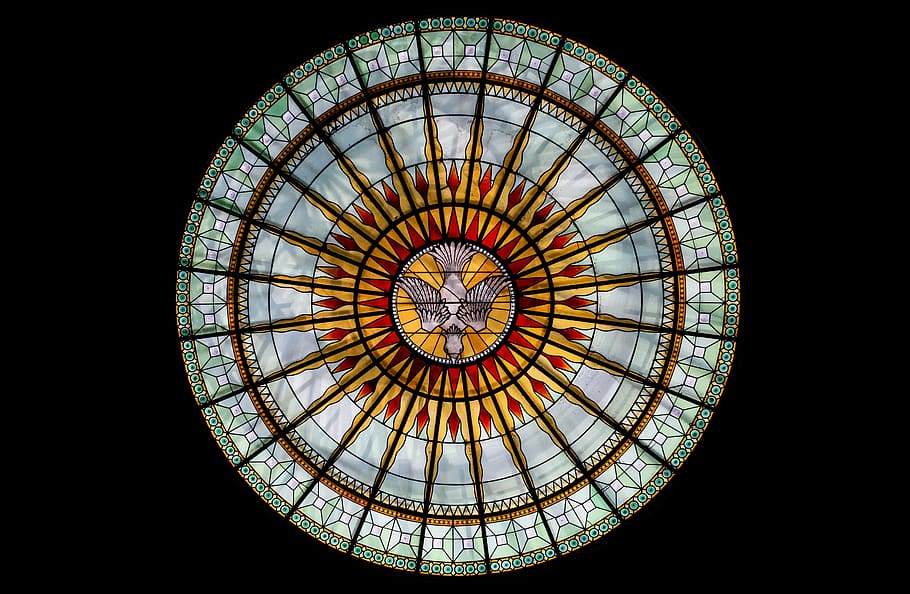 round white, beige, and red stained glass roofing, lyon, france