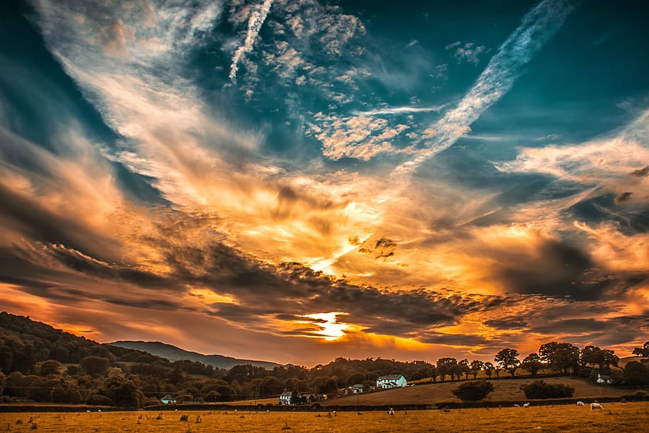 Orange and Blue Skies during Sunset, backlit, clouds, dark, dawn HD wallpaper