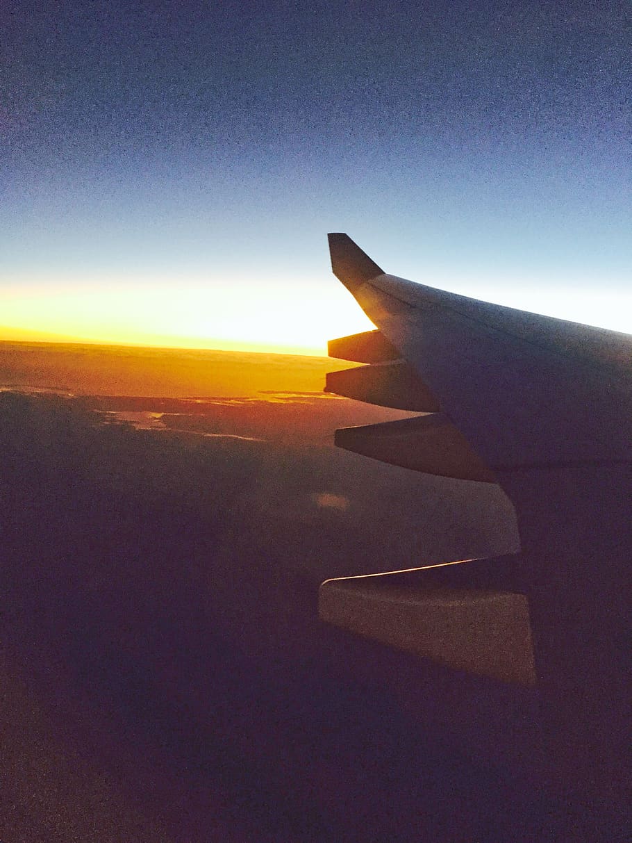 sky, sunset, airplane, air vehicle, aircraft wing, transportation HD wallpaper