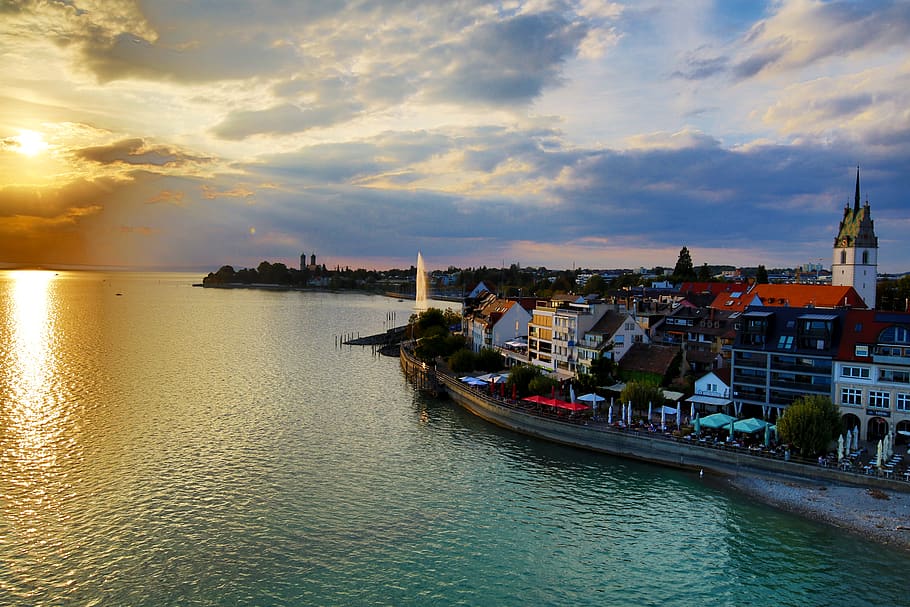 friedrichshafen, city, water, lake, lake constance, sunset, HD wallpaper