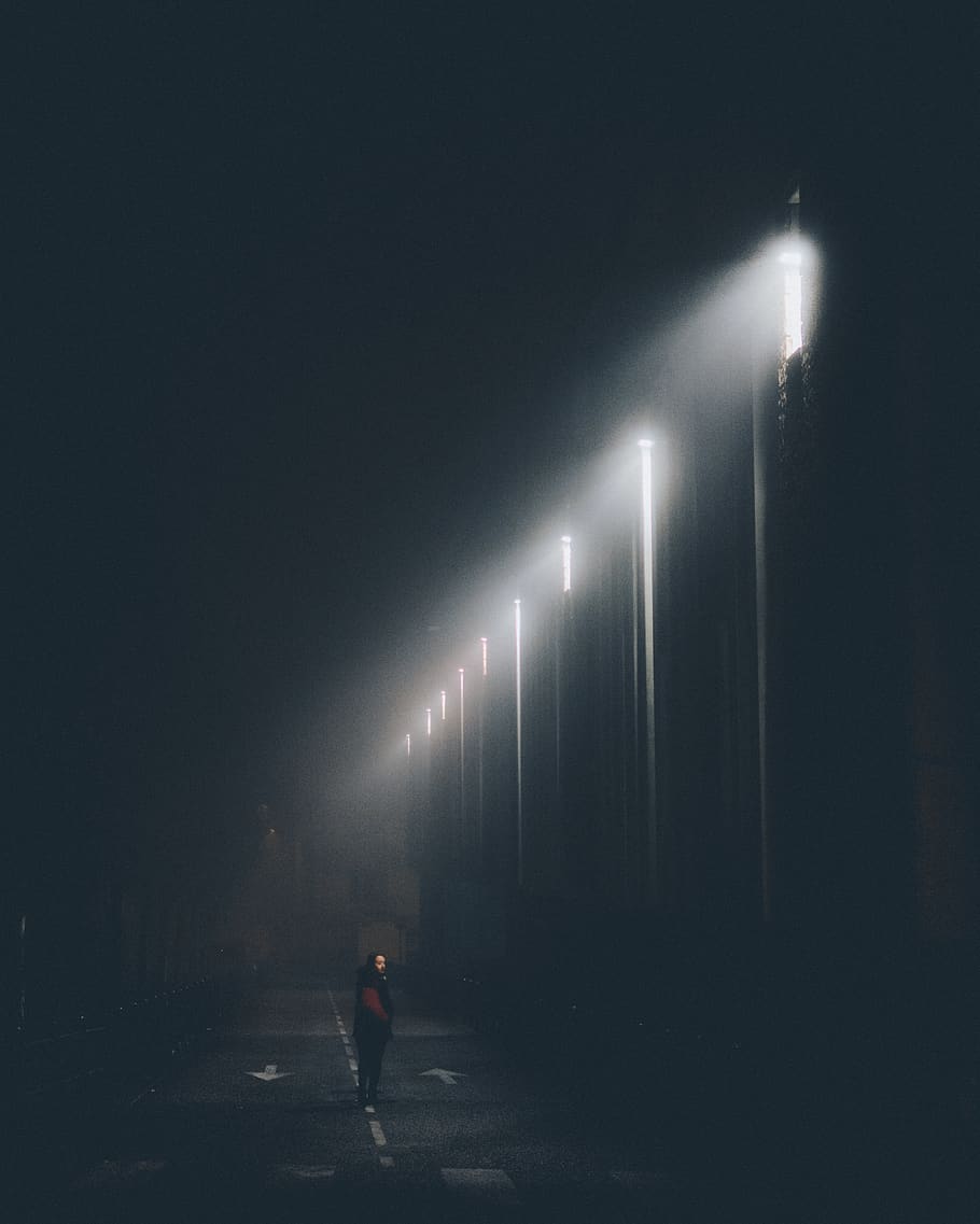 Person Standing on Road, blur, dark, evening, focus, fog, foggy