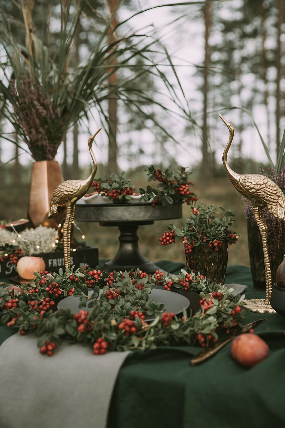 two gold swan figurines surrounded with mistletoes, decor, decorative HD wallpaper