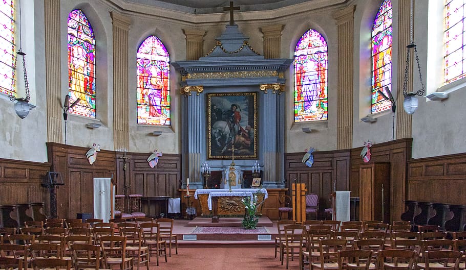 empty church, architecture, altar, building, indoors, chair, furniture HD wallpaper