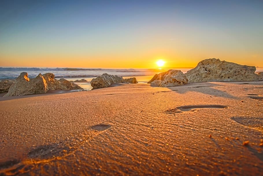 sunset, sand, foot, feet, nature, water, sky, beach, dusk, panoramic HD wallpaper