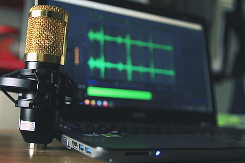 Gold Condenser Microphone Near Laptop Computer, electronics, macro HD wallpaper