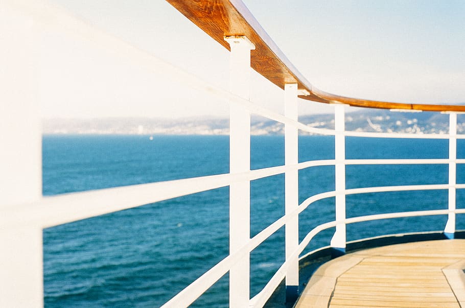 Body of Water Under Cloudy Sky, boat, ocean, railing, sea, ship HD wallpaper