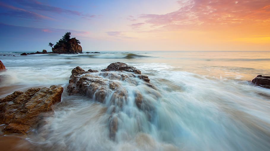 Scenic View of Sea during Sunset, beach, beautiful, clouds, colourful HD wallpaper