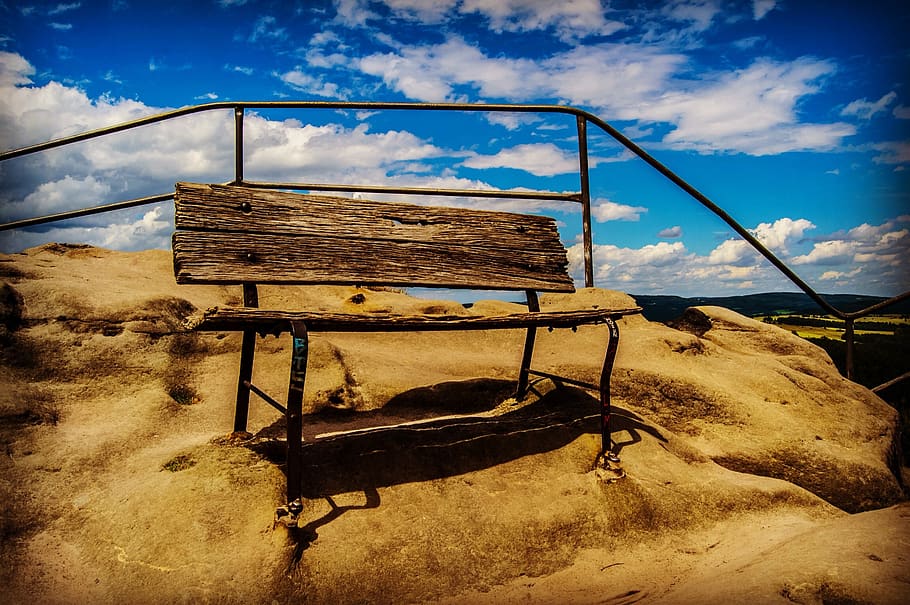 Brown Wooden Bench on Brown Sand, clouds, sky, cloud - sky, nature HD wallpaper