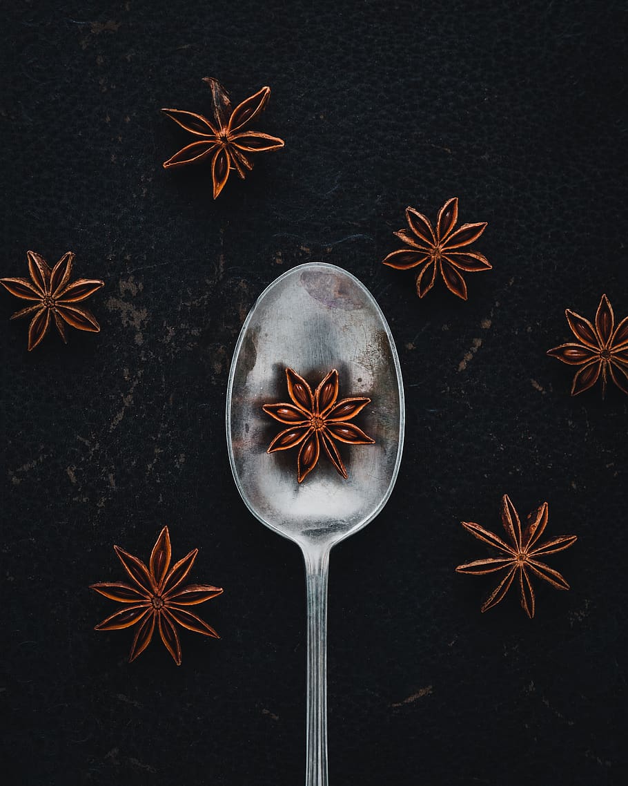 star anise on spoon, spice, food, star shape, food and drink