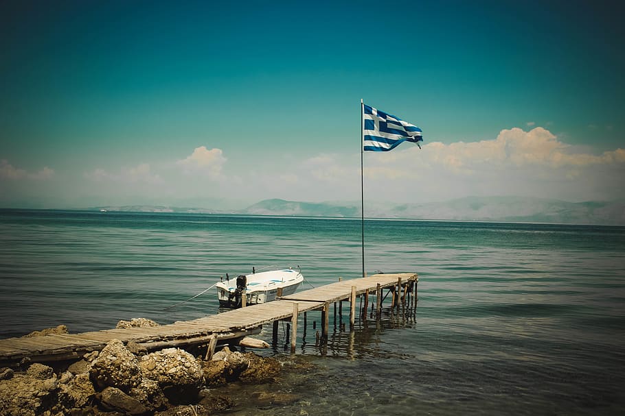 greece, corfu, pontoon, hulk, boat, blue, sea, flag, water, HD wallpaper