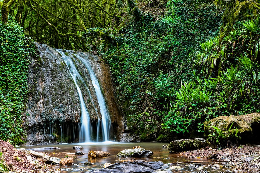 trees, river, cascade, forest, green, waterfall, landscape HD wallpaper