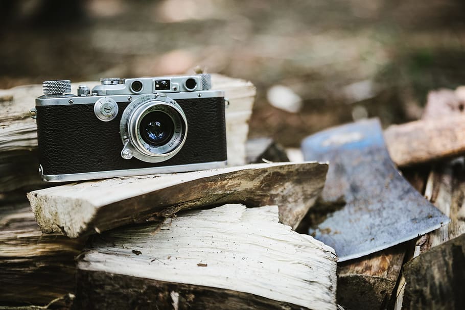 retro, classic, camera, black, lens, wood, chop, axe, fire HD wallpaper