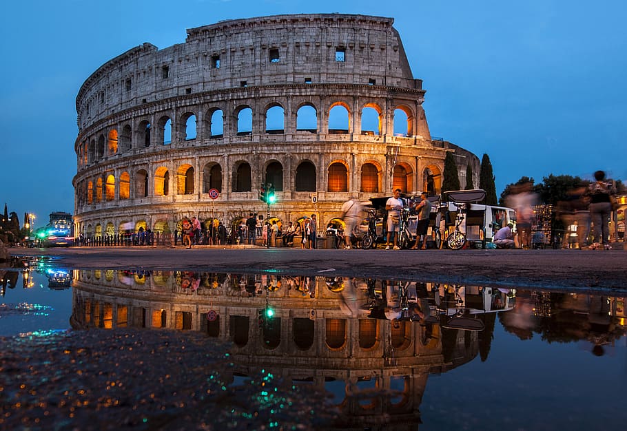 rome, italy, evening, puddle, reflection, travel, colosseum, HD wallpaper