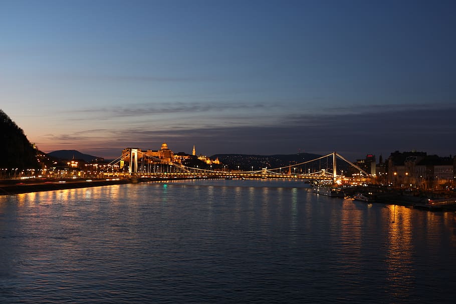 budapest, hungary, bridge, sunset, danube, building, city, river HD wallpaper
