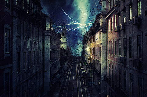 city, rain, storm, flash, lightning, tornado, devastation, destruction HD wallpaper