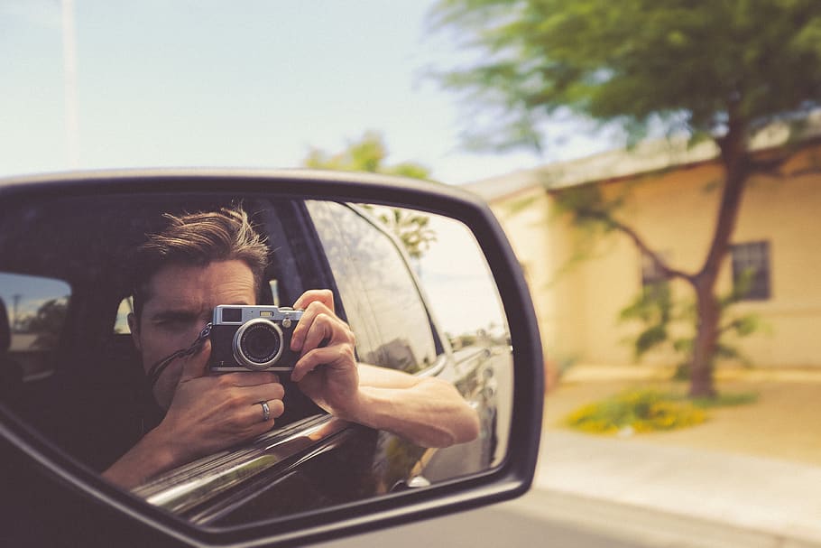 car, side, mirror, vehicle, road, trip, people, man, camera HD wallpaper