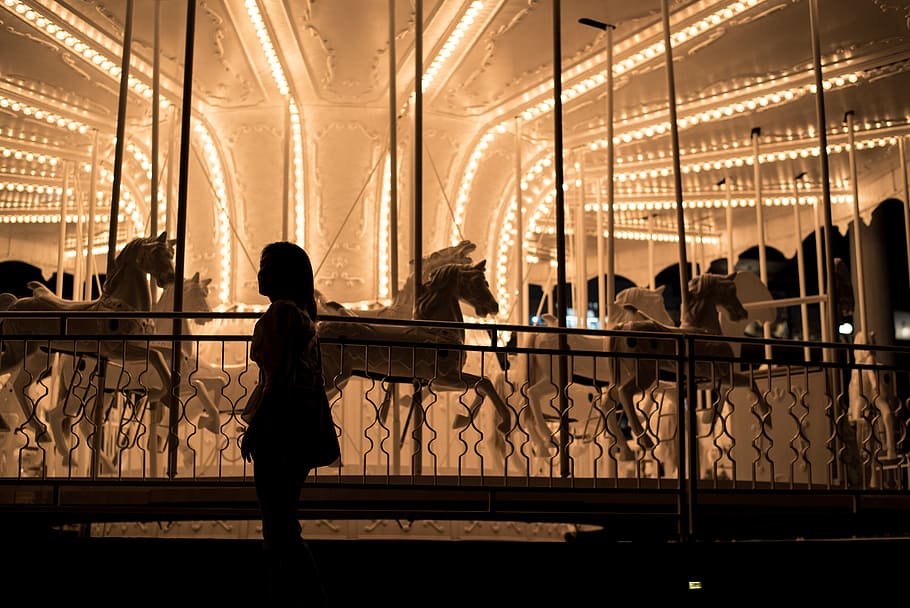 Girl Standing Near Carousel, alone, carnival, person, silhouette HD wallpaper