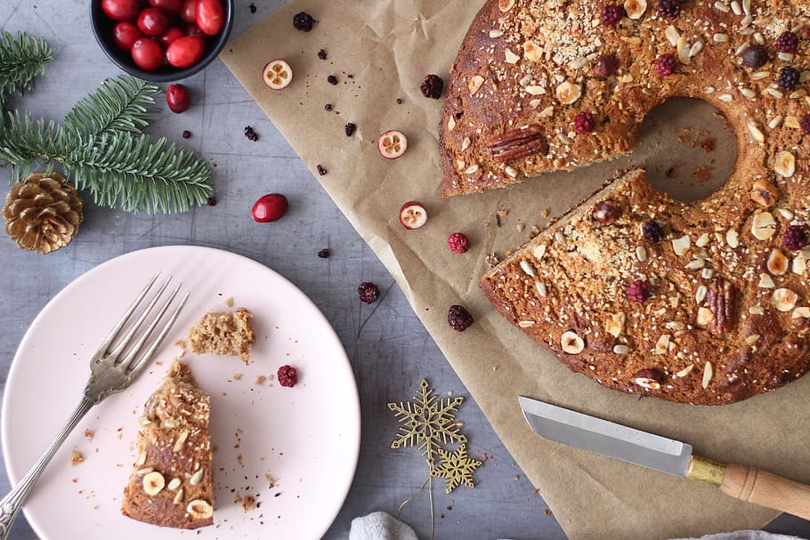 sliced cake with nut toppings, cutlery, fork, plant, food, vegetable HD wallpaper