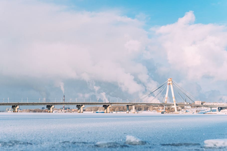 bridge, river, water, sky, cloud, sunset, fog, smoke, ice, winter HD wallpaper