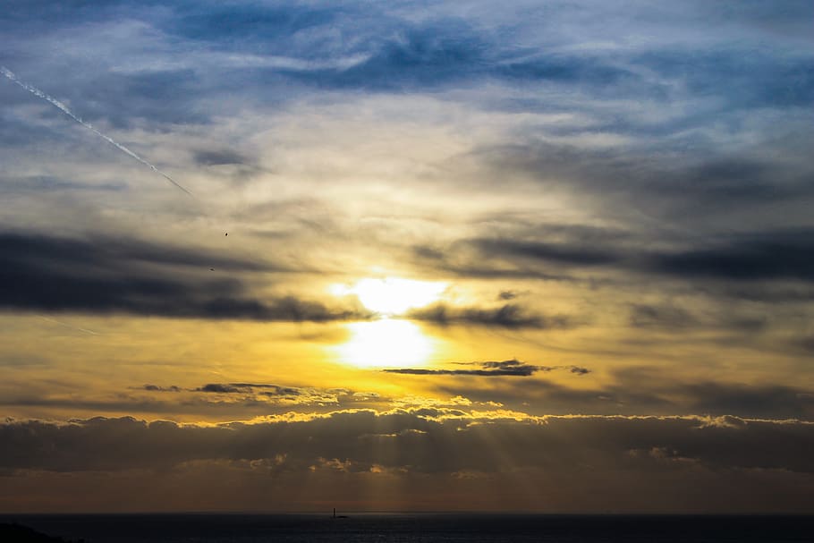sun, sunset, clouds, sea, landscape, blue, sky, yellow, cloud - sky HD wallpaper
