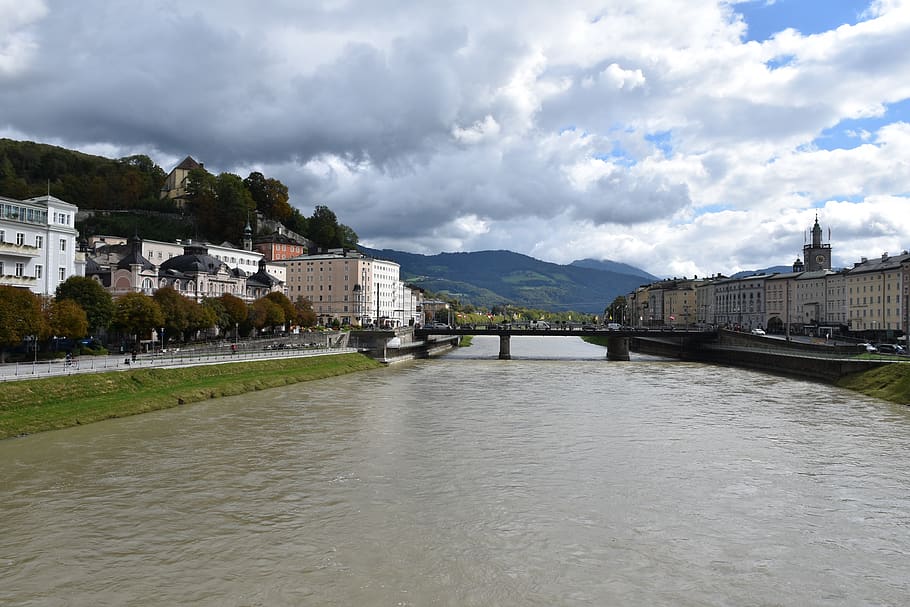 river, clouds, water, mountains, architecture, built structure HD wallpaper