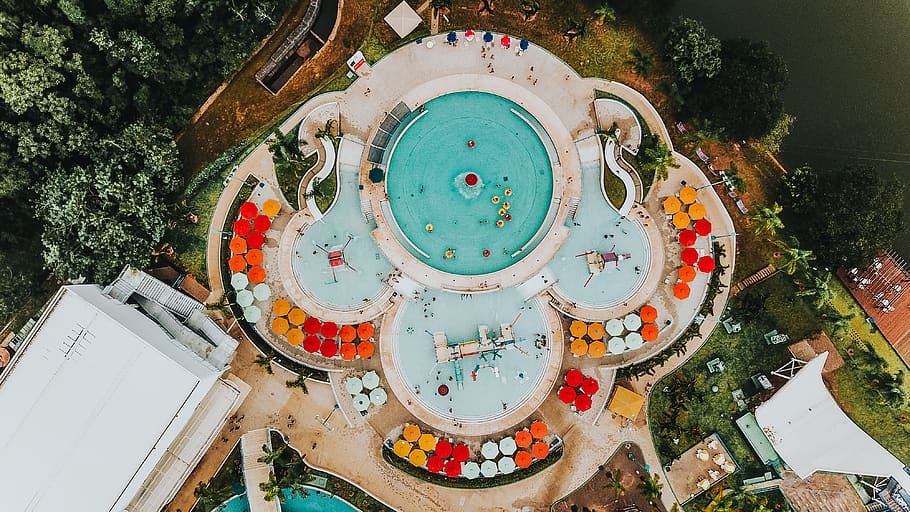 aerial photography of people on swimming pool, architecture, high angle view, HD wallpaper