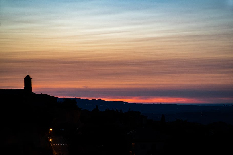 italy, volterra, sunset, silhouette, sky, beauty in nature HD wallpaper