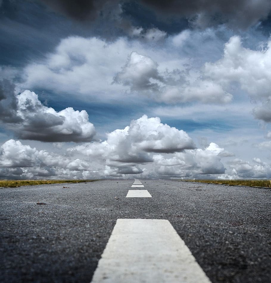 Gray Rolled Asphalt Road With Cumulus Clouds during Day, horizon HD wallpaper