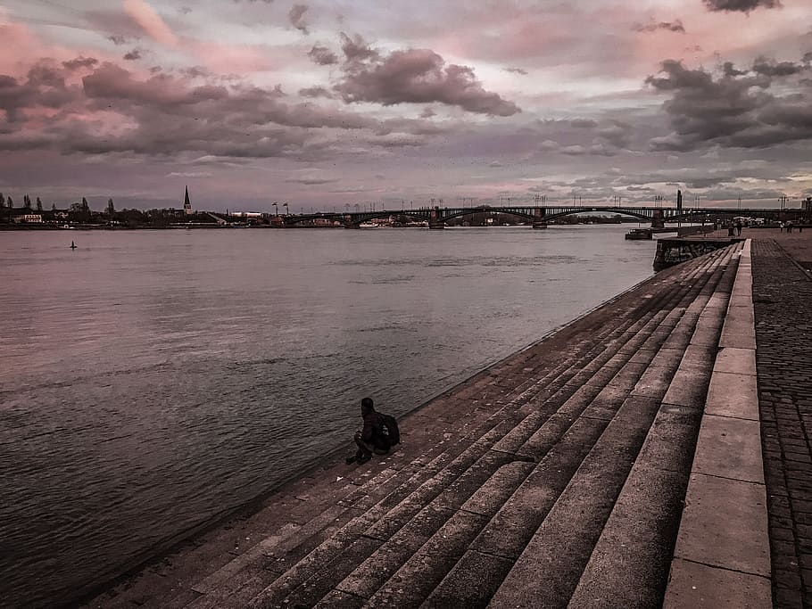 germany, mainz, sunset, black, lonely, river, cloud - sky, water HD wallpaper