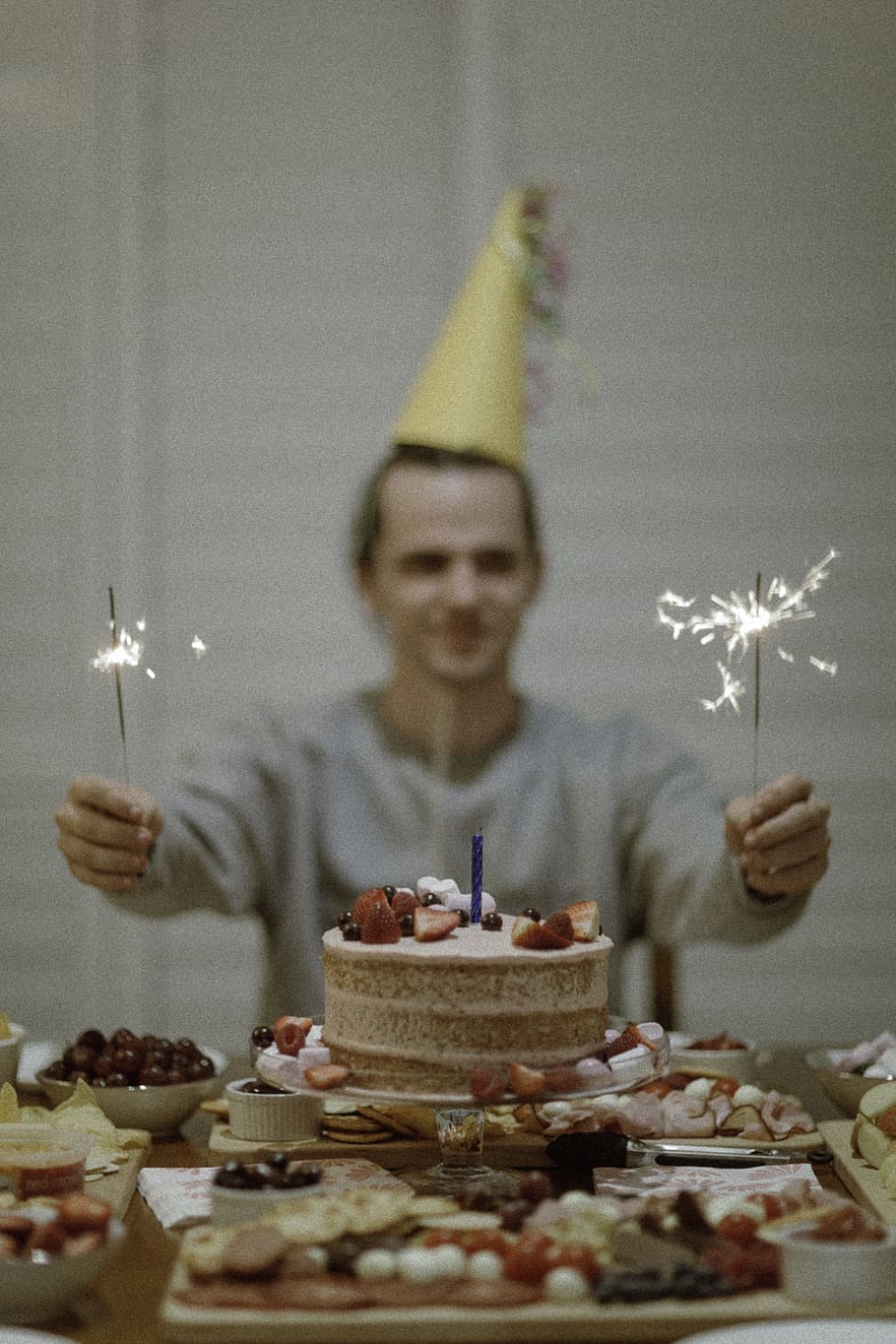 selective focus photography of man holding sparklers between cake, HD wallpaper