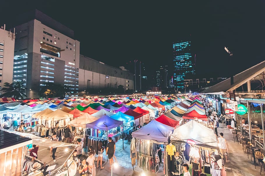 thailand, bangkok, market, night market, shopping, buildings
